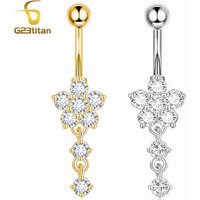 G23titan 6-16mm Surgical Titanium Barbell Belly Button Ring Zircon Flower Long Pendant Women Navel Piercing Body Jewelry Ombligo