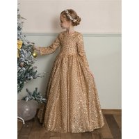 Champagne Flower Girl Dress For Wedding Sequins Shining Full Sleeves Puffy Birthday Pageant Princess First Communion Ball Gowns