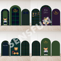 Green Plaid Bear Arch Wall Backdrop for Kids Birthday Party Decoration Baby Shower Arched Background Photobooth Banner 2-Sided