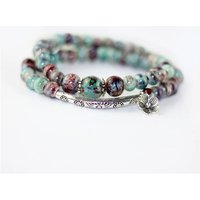 Multi Color Natural Stone Antique Silver Tube Elastic Bracelet Retro Semi-Precious Beads Handmade Flower Charm Bracelet Jewelry