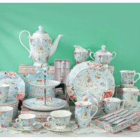 Ceramic Tea Set Teapot Mugs Vintage Floral Blue Coffee Cup and Saucer Cake Plate Elegant Rose Dessert Plates in Gift Box