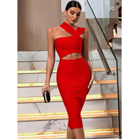 Summer One Shoulder Cut Out Midi Bodycon Dress For Women Bandage Dress Red Elegant Cocktail Evening Night Out Party Dress Sexy