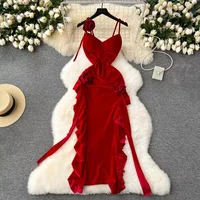 Chic Three-dimensional Flower Velvet Slip Dress French Sexy Elegant Party Luxury Robe Women Vintage Slim split dresses