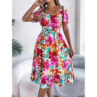 Casual Square Neck Shirred Waist Tie Dye Floral Print Short Sleeve Ruffle Hem Dress For Summer Bohemian Women's Clothing