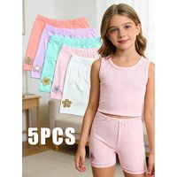 5Pcs Kids Girls Safety Shorts Flower Embroidery Soft Breathable Elastic Waist Shorts for Under Skirt Summer Casual Daily Wear