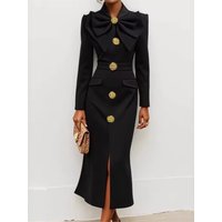Big Button Butterfly Design Celebrity Women Slim Fit Dress Autumn Long Sleeve Half-High Collar Waist Slit Elegant Female Dress