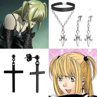 Anime Misa Amane Cosplay Earrings For Women Y2K Gothic Cross Ear Clip Ear And Pendant Necklace Halloween Costumes Accessories