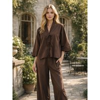 Casual Style Women's Suiting Set Long Sleeve Open Cardigan Wide Leg Pants High Waist Trousers Comfortable Commute Outfit