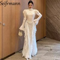 Seifrmann Spliced lace embroidery dress stand collar long sleeve waist elegant long dress 2026 summer fashion new style