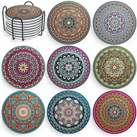 6 Pcs Boho Wooden Coasters Set with Holder Mandala Round Absorbent Drink Coasters for Coffee Glasses Mugs Home Decoration Gift