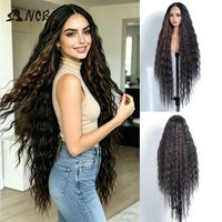 Noble 42 Inch Extra Long Water Wave Synthetic Lace Front Wig Ombre Brown Highlight Glueless Heat Resistant Curly Wig For Women