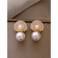 Fan Shape Imitation Pearl Crystal Stud Earring for Women Temperament Jewelry Accessory Wholesale Wedding Christmas Girl Gift