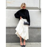 Clacive Fashion Beige Satin Skirts For Women Elegant High Waist Office Lady Ankle-Length Skirt Casual Loose Skirt Female Clothes