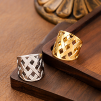 Light luxury braided mesh gold-plated stainless steel ring, waterproof and non-fading heavy metal, with adjustable finger ring