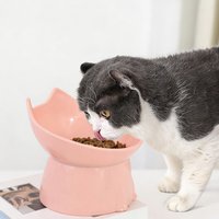 1pc WhiskerWare Elevated Cat Bowl Anti-Tip Raised Pet Feeding Dish Tilted Edge Neck Protection Food Water Bowl