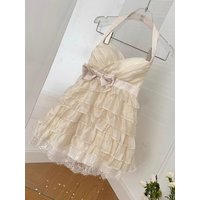 2000s Aesthetic Sweet Hottie Elegant Women Dress Vintage Cute Bow Halterneck Design Dress Female Y2k Lace Fashion Party Outfits