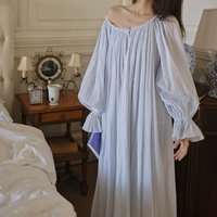 Princess Fresh Blue Vintage Long Nightgown 100% Cotton Rround Neck Full Sleeves Nightdress Loose Ankle-Length Victoria Nightie