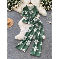 Elegant V-neck Belted Waist Top Wide Leg Pants Two-piece Set Women Summer Slimming Fashionable Quality Set Business Casual