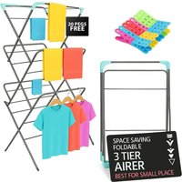 EPISENT 3-Tier Clothes Airer Drying Rack, 12M Washing Line Airer with Foldable Racks, Indoor & Outdoor Clothes Dryer Airers, Space Saving Laundry Rack, Easy to Store