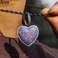 Hip Hop Bling Heart Pendant Necklace Micro Pave Purple Blue Bling Cz Heart Charm Men Women Iced Out Jewelry