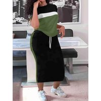 Summer Women's Half Skirt Set Two piece Short Sleeve Side Striped Adjustable Waist Belt Loose Casual Breathable Versatile