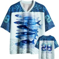 Summer New Blue Wave Fish 3D Printed Breathable Quick Drying Short Sleeved Street Fashion V-neck Unisex Oversized Loose T-shirt