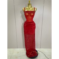Sparkly Red Rhinestones Sequins Sexy See Through 2PCS Long Dress 2025Women Celebrate Evening Birthday Party Dress Stage Costumes