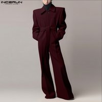 INCERUN Men Overalls Solid Color Lapel Long Sleeve Casual Wide Leg Jumpsuits Loose Streetwear 2025 Fashion Male Rompers S-5XL