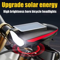 Bicycle Front Light, Solar Charging, High-Brightness Bike Light, High-Pitched Horn, USB Charging, Three Light Modes, Five Horn Sounds, High-Brightness Night Riding, Outdoor Sports, Side Light Warning