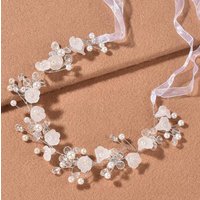 Child Girl Wedding Headband Artificial Flower Adjustable Ribbon Crown Wreath Faux Pearl Beading First Communion Photo Props