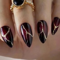 24 Pcs False Nails Medium Acrylic Press on Nails for Gluing Dark Red Gold Realistic Finger Nail Art Almond Artificial Fake Nails