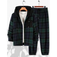 Sophisticated Plaid Hooded Set Men Lapel Hooded Shirt & Drawstring Jogger Pants 2 Piece Commute Outfit