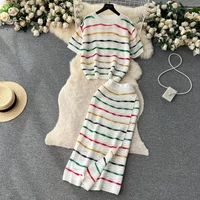 Dress Stets Women Short Sleeve Striped O Neck Tops Knitting Two Pieces Set Slim Sexy High Waist Ankle Length Y2k Streetwear