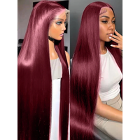 Perruque lisse bordeaux 99J, densité 200%, 46 pouces, cheveux Remy, perruques frontales en dentelle HD transparente 13x6, cheveux humains brésiliens pré-épilés avec baby hair pour femmes