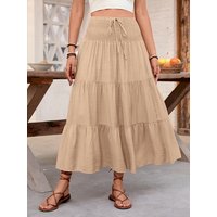 ITOOLIN Women High Waist Skirts Casual Elegant Solid Color Bohemian Ruffled A-Line Skirt for Beach Vacation Streetwear Skirts