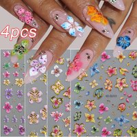4pcs/set 5D Embossed Hibiscus Flower Nail Stickers Y2K Carving Lily Floral Nail Decals Colorful Hawaiian Petal Nail Supplies D7@