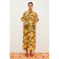 Casual Embroidered Waist-Cinching Shirt Dress Tie Waist Summer Holiday Versatile Long Dress Ladies A-Line Skirt Single-Breasted