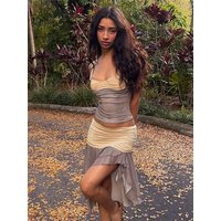 Kliou Stripes Print 2 Piece Set Women Summer Trend Square Collar Backless Tank Top+Tierred Mini Skirts Ruched Elegant Outfits
