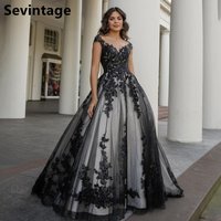 Sevintage Black A Line Tulle Wedding Dress Women Illusion Neck Cap Sleeve Bride Party Dress Applique Bridal Gown 2025 Customized