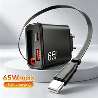 65W USB C Charger With Retractable Type C Cable EU/US/UK Plug Wall Charger For iPhone Samsung Xiaomi Huawei QC3.0 Phone Charger
