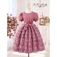 3D Rose Rose Sand Tulle Dress | Pearl Embellished Princess Sleeve Formal Gown for Girls 8-12Y