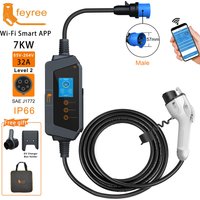 Przenośna ładowarka EV Feyree Type1 7KW 32A 1-fazowa z gniazdem J1772 i kablem 5m, wersja z inteligentnym sterowaniem przez aplikację i WiFi do pojazdów elektrycznych.