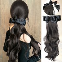 Elegant Synthetic Silk Bowknot Banana Claw Clip Ponytail Wig With Grab Clip Long Wavy Layered Ponytail for Women Daily Party Use