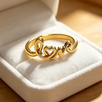 Rose Gold Plated Love Word Band Ring Dainty Cursive Heart Detail Hypoallergenic For Sensitive Skin Trendy Promise Ring Gift
