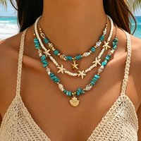 3Pcs Set Layered Turquoise Shell Starfish Necklace for Women Boho Beaded Necklaces Summer Beach Vacation Party Jewelry