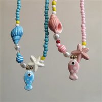 Bohemian Colorful Blue Pink ceramic Fish Pendant Striped Beaded Summer Necklace For Women Seaside Vacation Party EMO Accessories