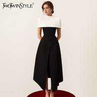 TWOTWINSTYLE Detachable Cloak Elegant Dresses For Women Square Collar Sleeveless High Waist Hit Color Split Dress Female Fashion