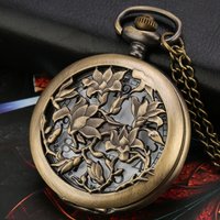 Bronze Hollow Flower Quartz Pocket Watch Necklace Pendant Vintage Sweater Chain Woman's Christmas Gift