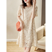 2026summer Slimming short sleeve French Vintage Casual Lace Dress O Neck Hollow Fashion Embroidery A-word dress