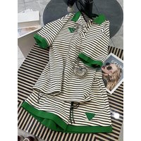 Casual Stripe Neck Two-Piece Set for Women Summer 2026 New Vintage Color Block Short Pants Fashionable Cotton Blend